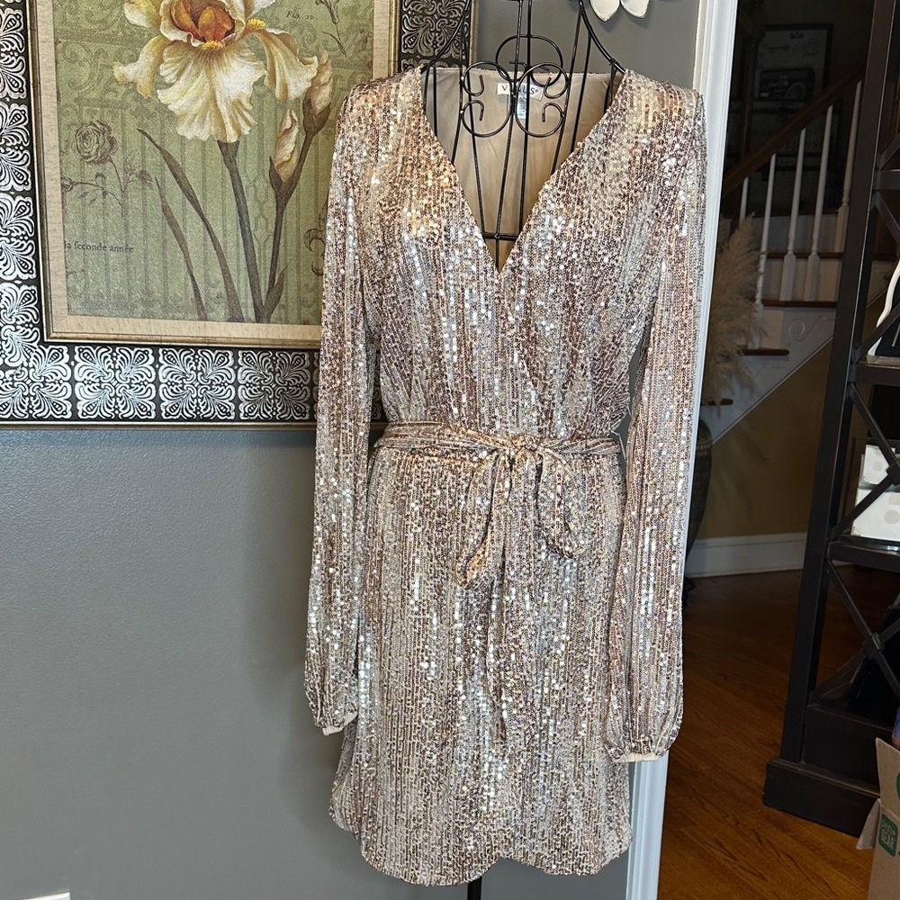 VENUS Sequin Midi Dress in Silver and Cream